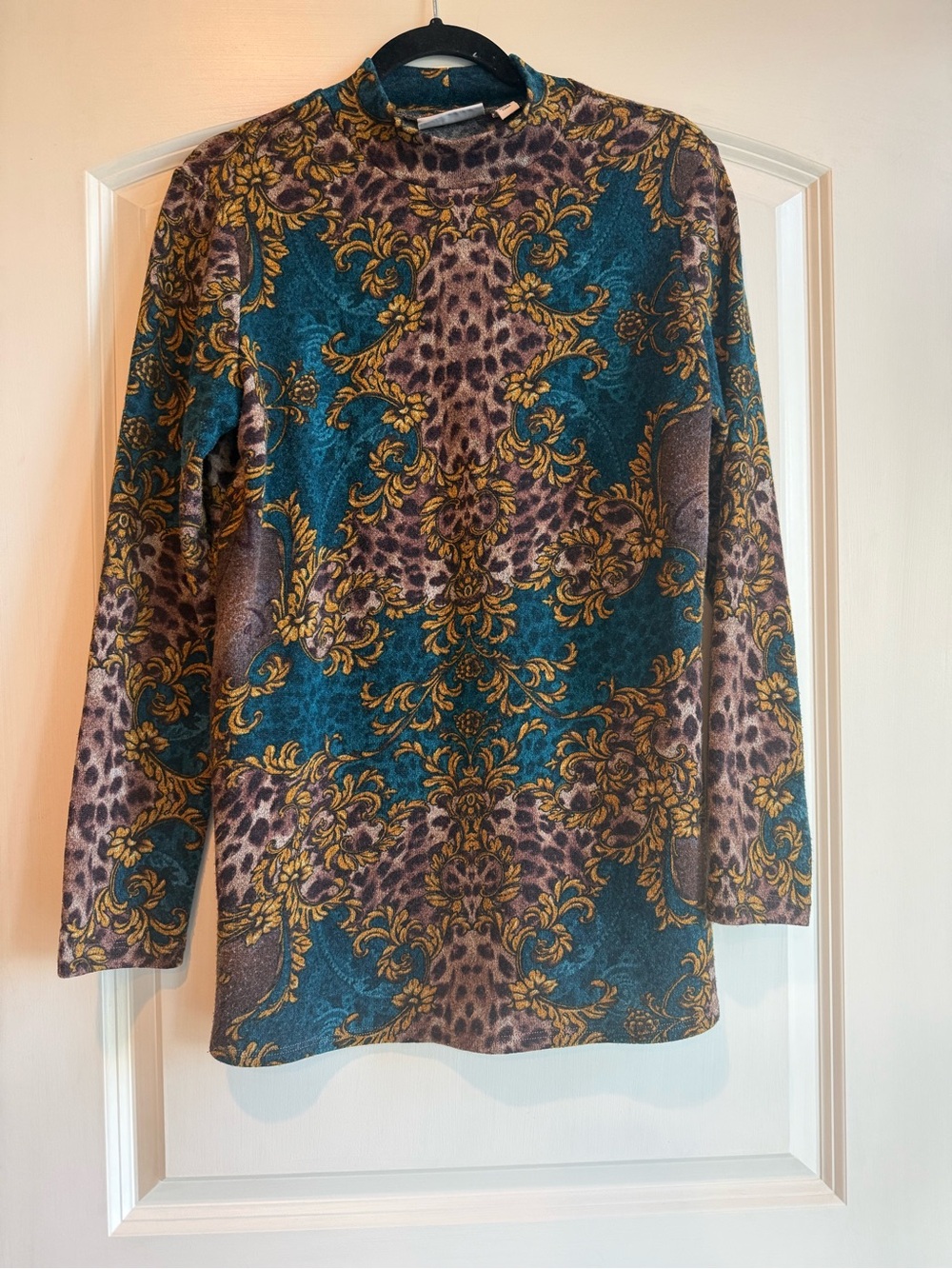 Susan Graver Teal and Gold Ornate Paisley-Print Long Sleeve Tunic Top
